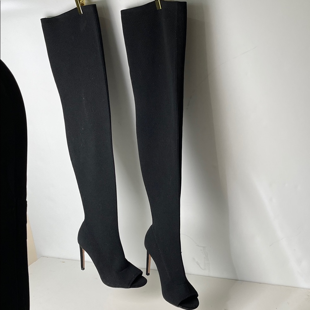 Zara over the knee high heel fabric boots, open toe - Picture 2 of 6